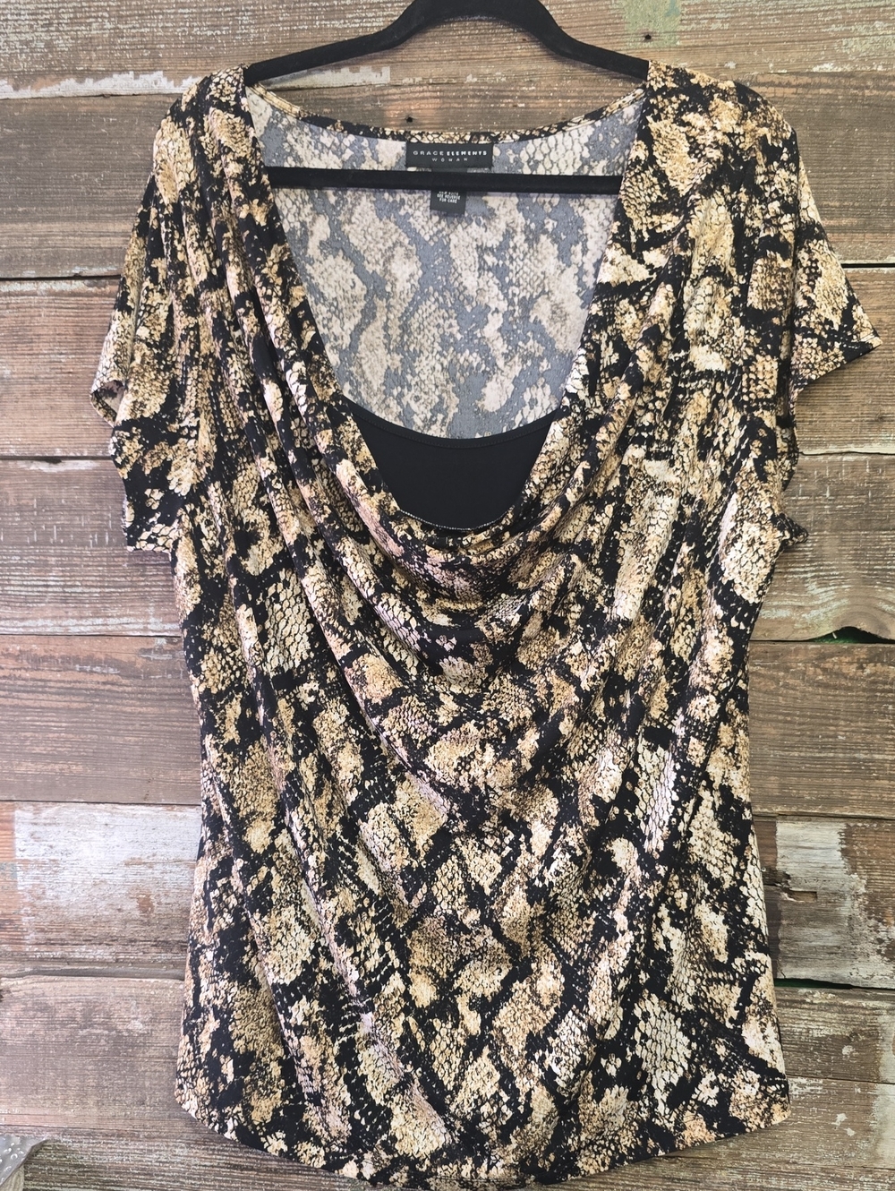 Grace Elements Black and Tan Snake-Print Cowl Neck Top, Size 2X